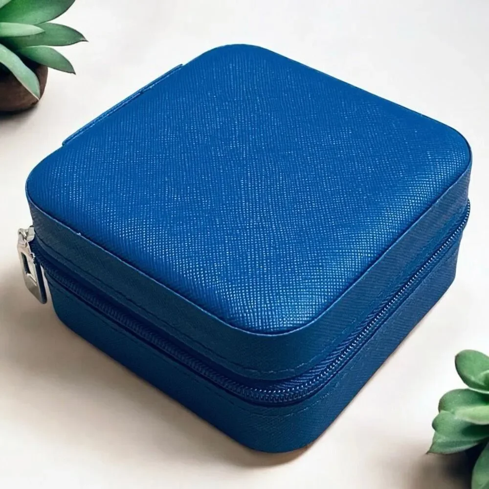 NWT Jewelry Box Case Blue Pu Leather Jewelry Organizer Earrings Bracelets Rings